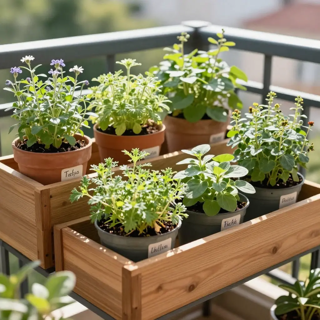 Beautiful container garden with various herbs and flowers on a sunny balcony